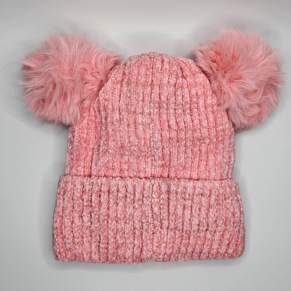 Pink Kids Teddy Bear Sherpa Lined Soft Knit Pom Pom Beanie *Warm Winter Hat - Picture 2 of 7